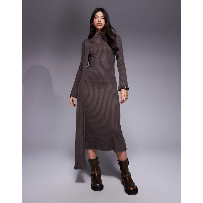 ASOS DESIGN long sleeve scarf detail maxi dress in chocolate