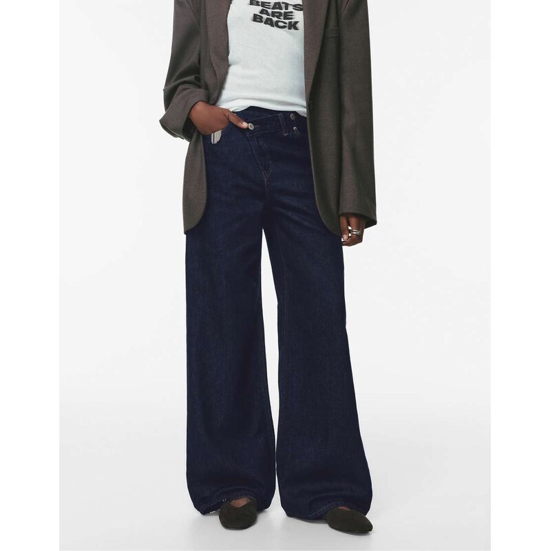 Pull&Bear Wide leg jeans with crossover waistband in navy