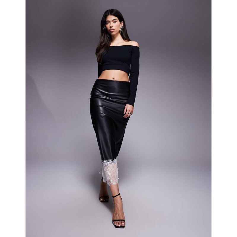 ASOS DESIGN slip pu low rise skirt with lace trim hem in black