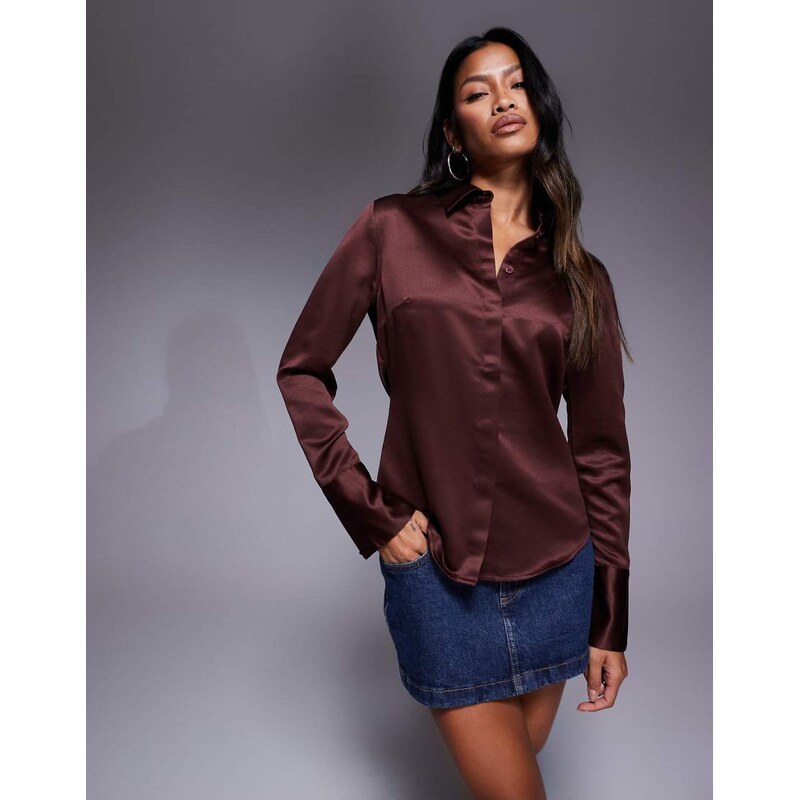 ASOS DESIGN slim fitted satin shirt in chocolate-Brown