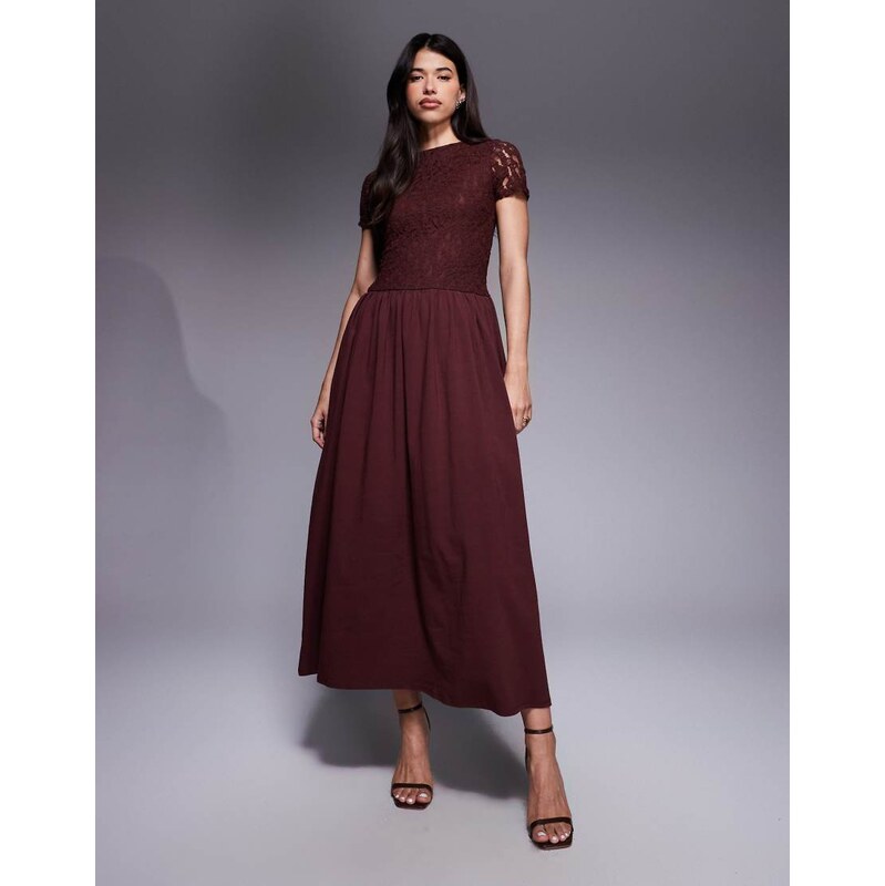 ASOS DESIGN short sleeve lace hybrid maxi dress in chocolate