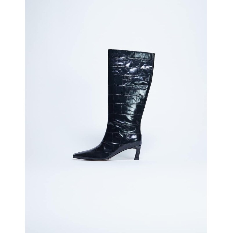 Topshop Tanya point toe knee high boot in black croc