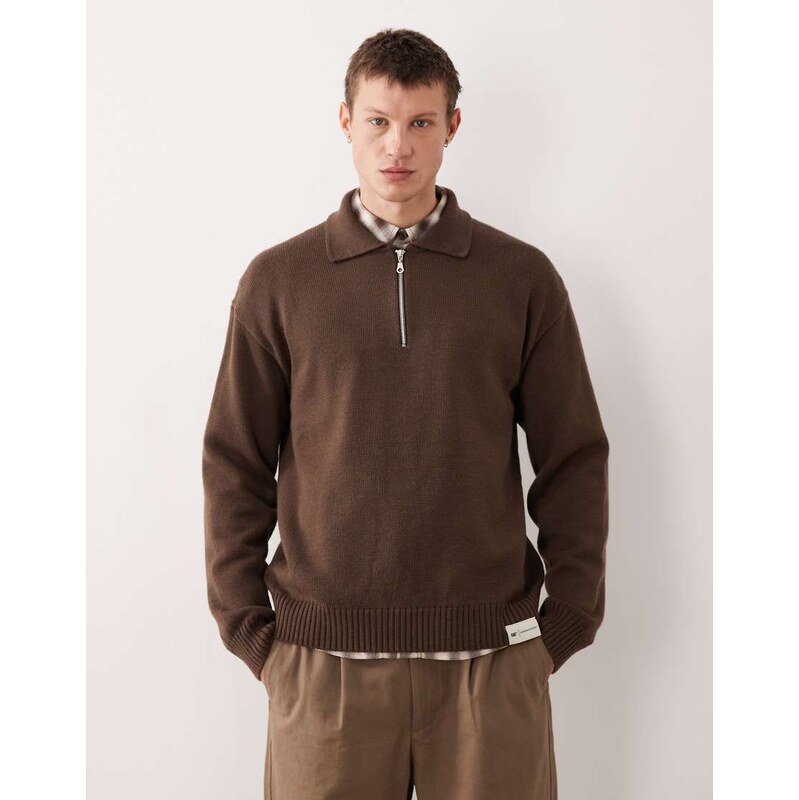 CAT WWR 1/4 zip loose fit knit polo in brown