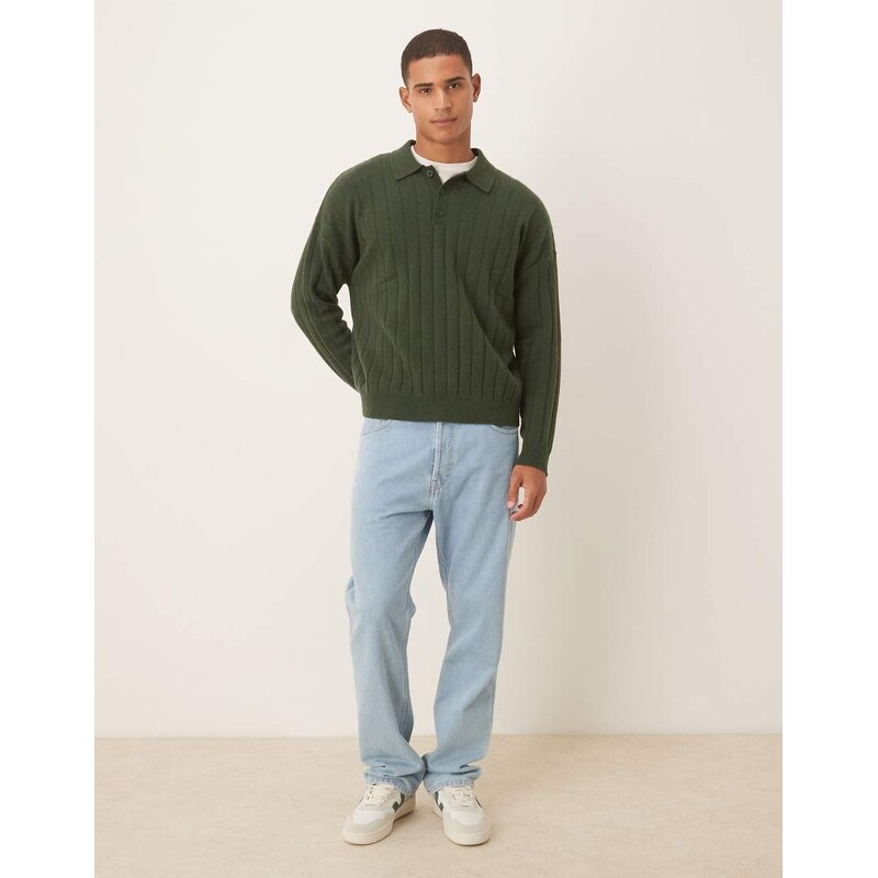 ASOS DESIGN oversized knitted lambswool rib polo in dark green