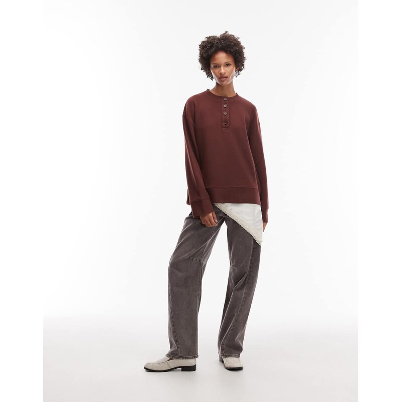 ASOS DESIGN Supersoft oversized henley half button sweat in choc - BROWN