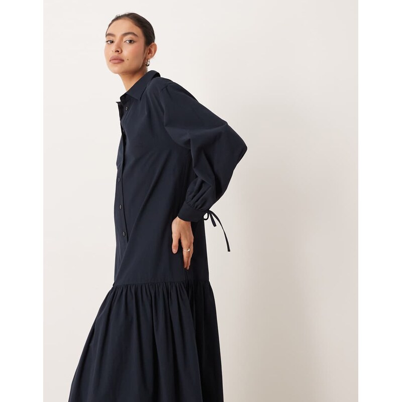 ASOS DESIGN long sleeved tie detail maxi shirt dress in navy