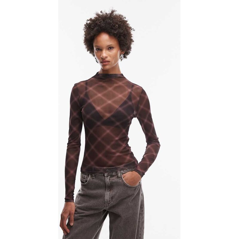 ASOS DESIGN sheer mesh funnel neck long sleeve top in brown