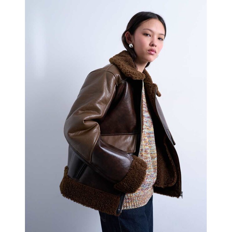 Topshop shearling patchwork faux leather jacket in brown