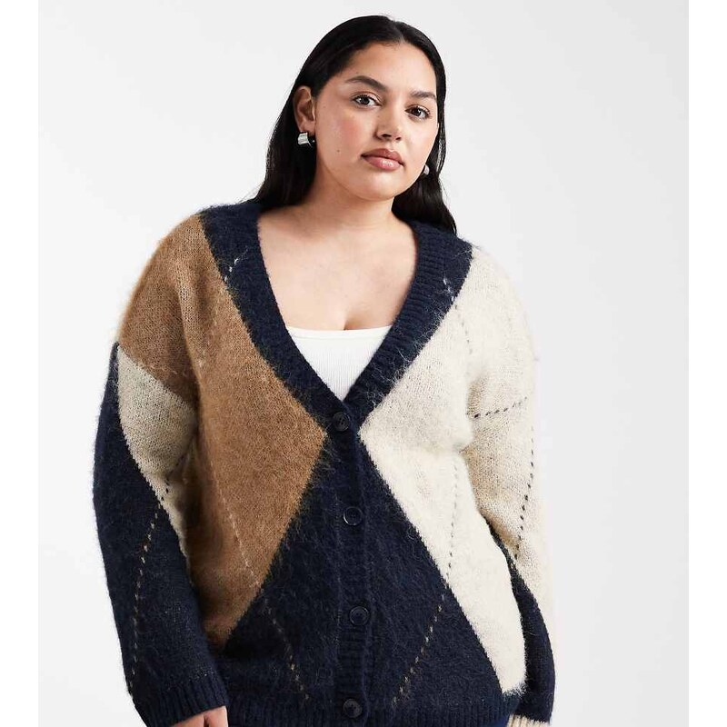ONLY Curve oversized fluffy cardigan in navy argyle