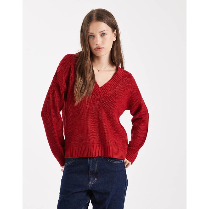 Brave Soul deep v neck fisherman knit jumper in red 109736558