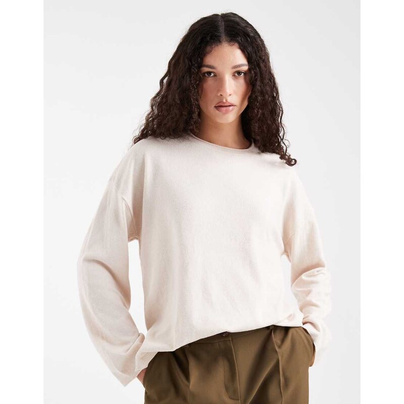 ONLY round neck boxy knitted top in cream-White
