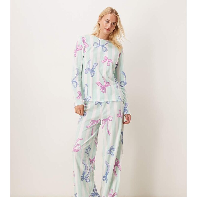 ASOS Tall ASOS DESIGN Tall bow long sleeve top & trouser pyjama set in 109420601