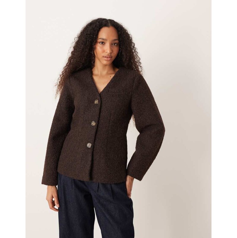 JDY boucle fitted blazer jacket in chocolate brown 110051995