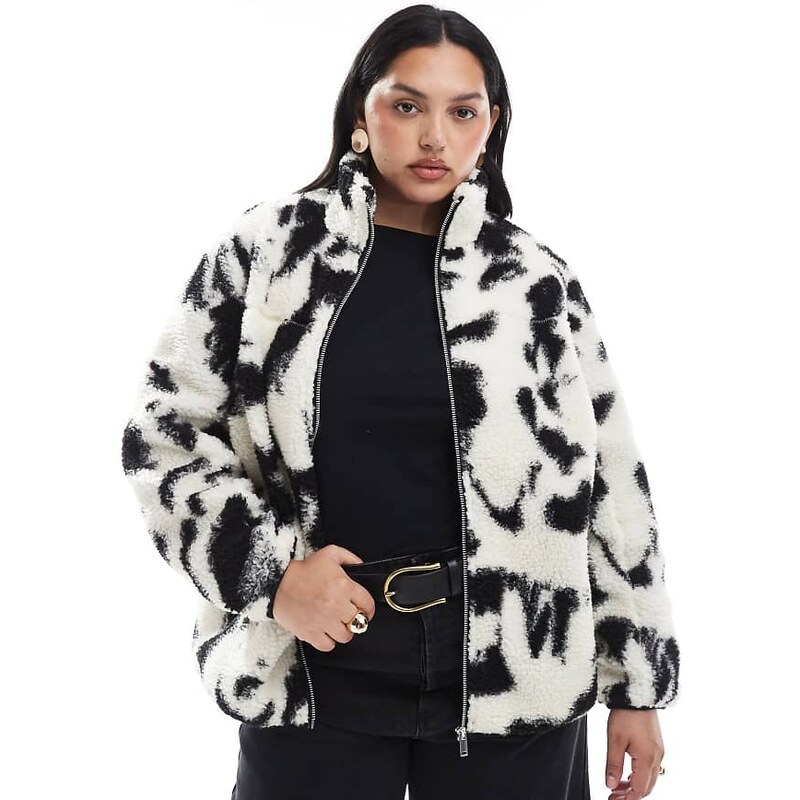New Look Plus New Look Curve abstract printed borg jacket in