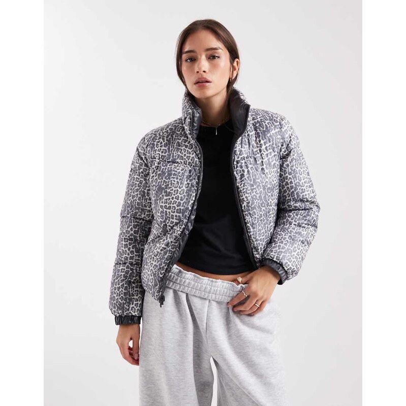 Pieces reversible padded jacket in tonal leopard print-Multi
