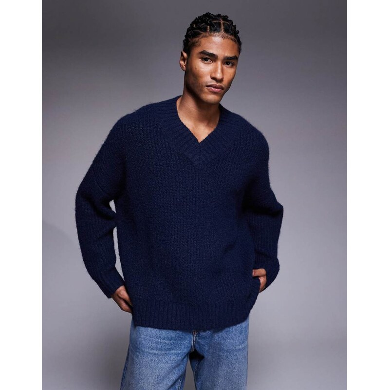 ASOS DESIGN super oversized knitted v-neck jumper in navy