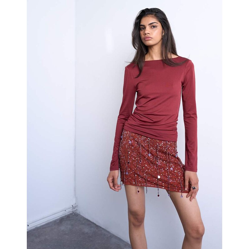 Topshop slinky scoop back long sleeve top in dark red 113261596