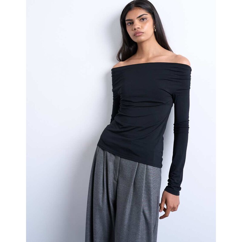 Topshop long sleeve bardot top in black 113261607