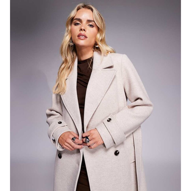 Forever New Petite double breasted maxi coat in stone-Neutral 109387615