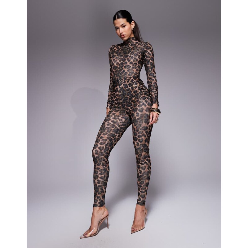 Ruched & Ready sculpting mesh high neck long sleeve catsuit in