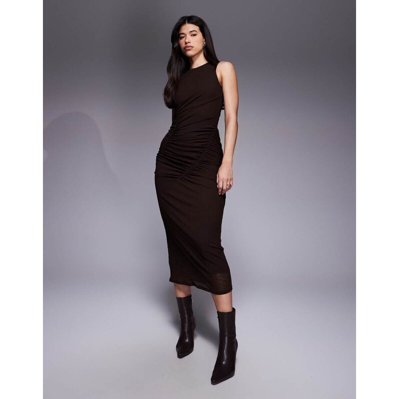 ASOS DESIGN mesh sleeveless ruched seam detail midi dress in