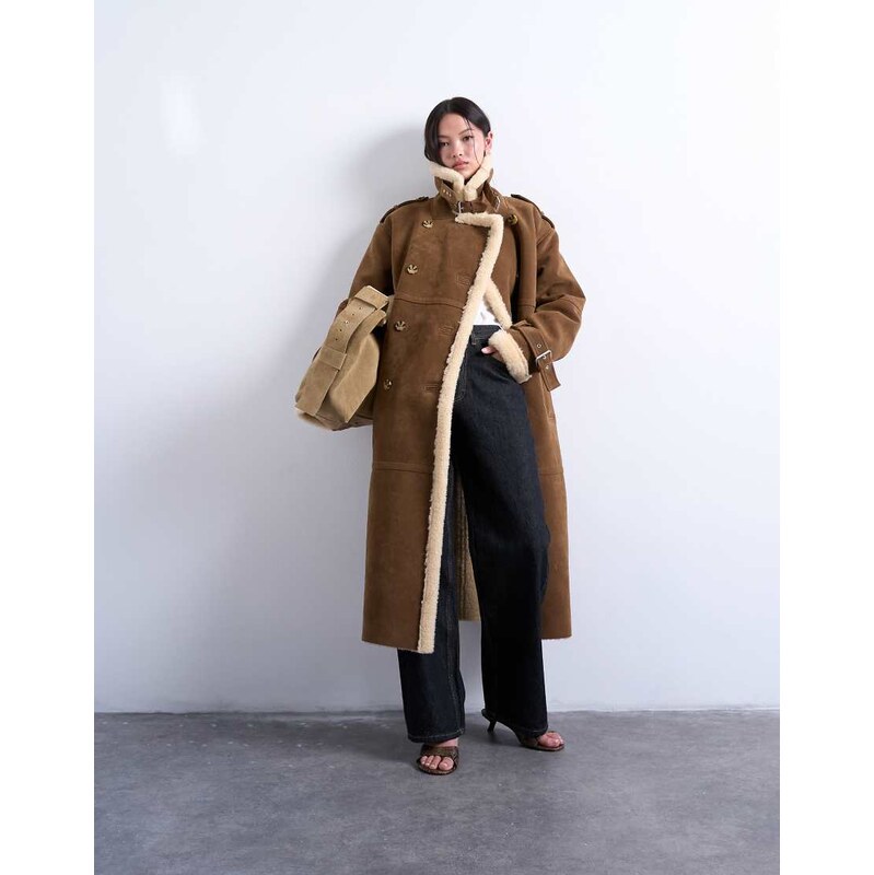 Topshop longline funnel aviator shearling in tan and cream-Brown