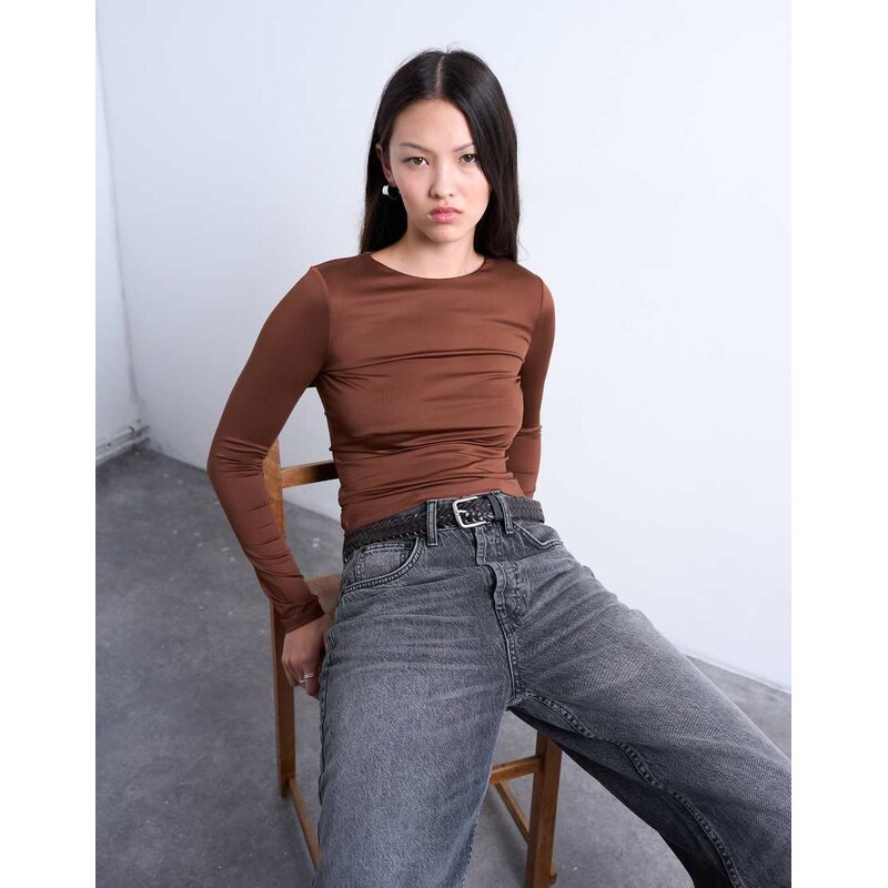 Topshop slinky crew neck long sleeve top in brown 109410249