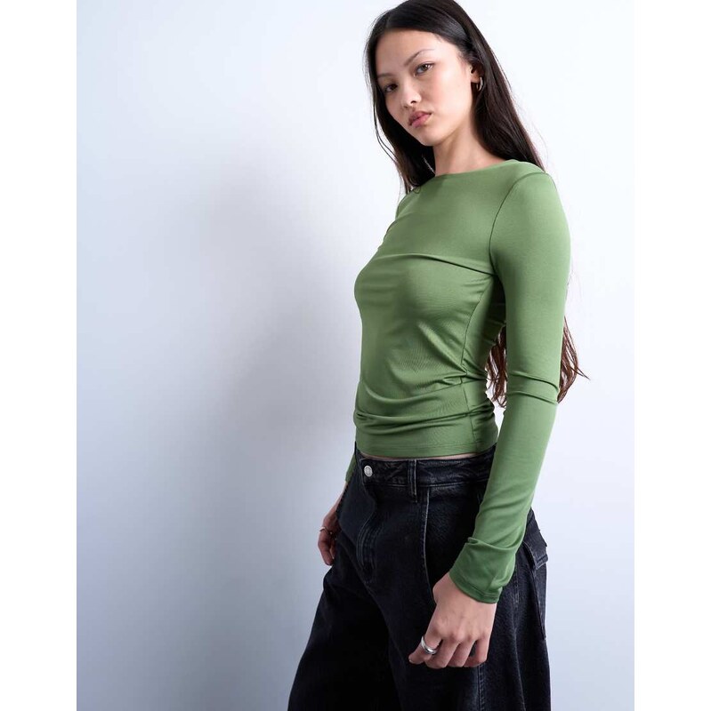 Topshop slinky crew neck long sleeve top in khaki-Green 109420496