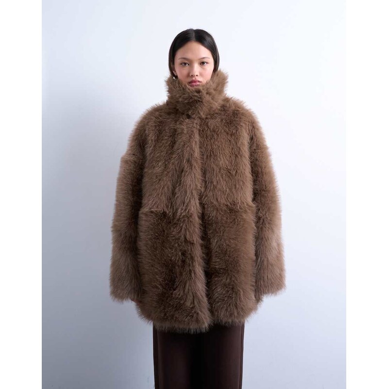 Topshop faux fur funnel neck mid length coat in mink-Brown