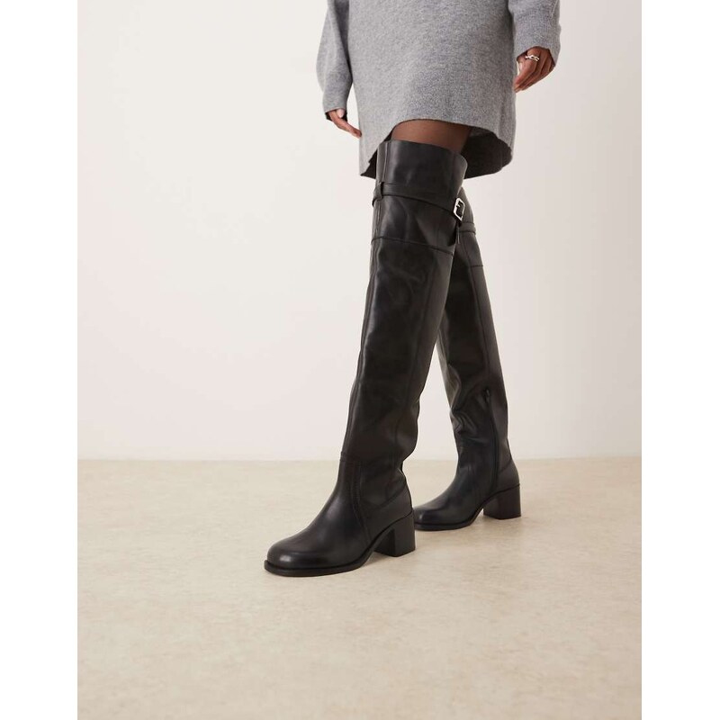 ASOS DESIGN Kensington leather heeled over the knee boots in black 109387458