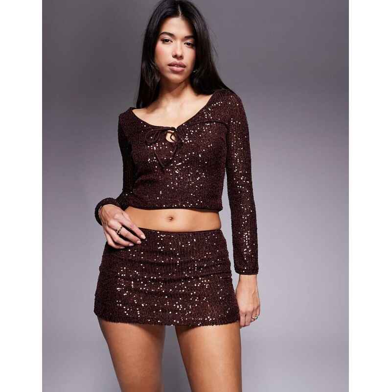 ASOS DESIGN allover sequin micro mini skort in chocolate-Brown 109387493