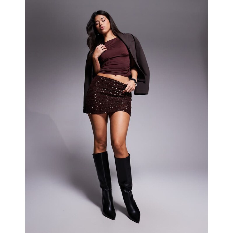 ASOS DESIGN allover sequin mini skirt in chocolate-Brown