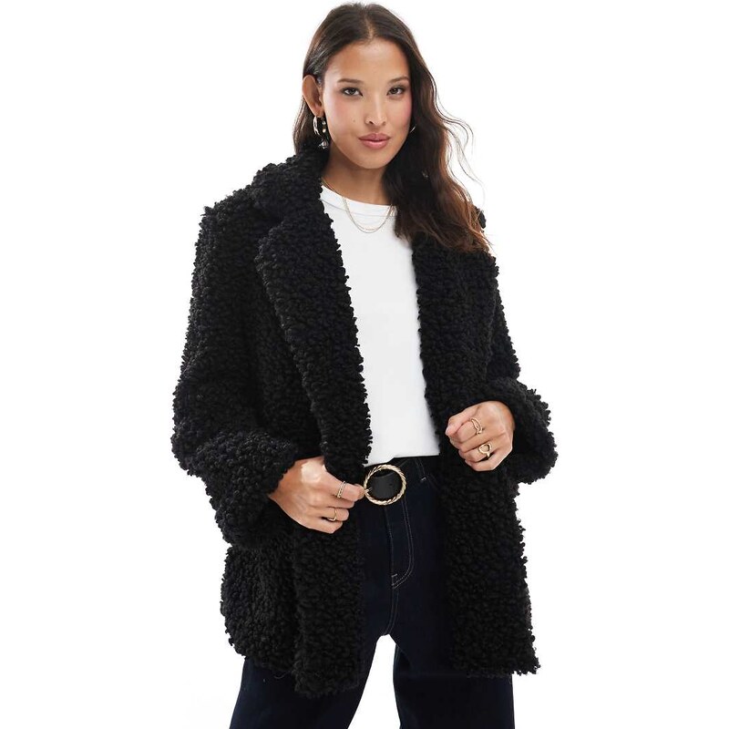 Brave Soul shaggy faux fur double breasted short coat in black