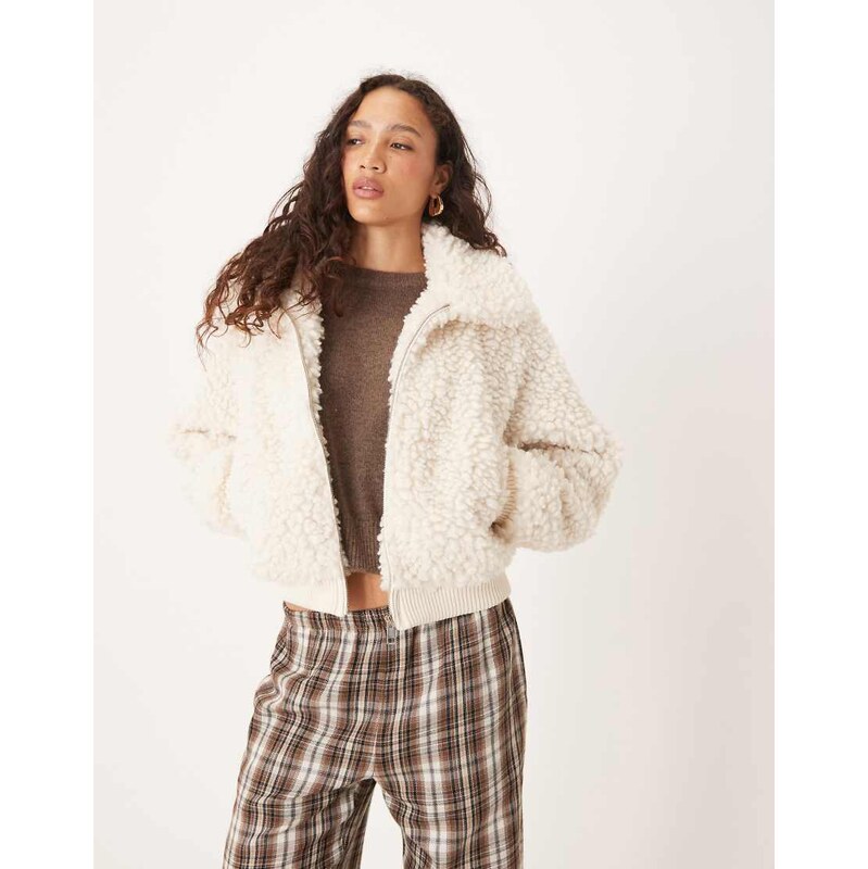 Brave Soul faux shearling bomber jacket in cream-White 115548806
