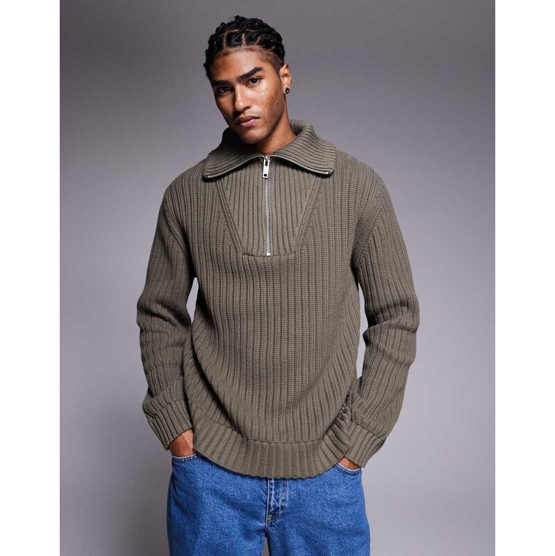 HUGO RED Srigg half zip rib knit jumper in grey