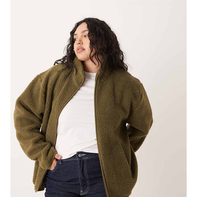 ASOS Curve ASOS DESIGN Curve borg zip through fleece in khaki-White 109387550