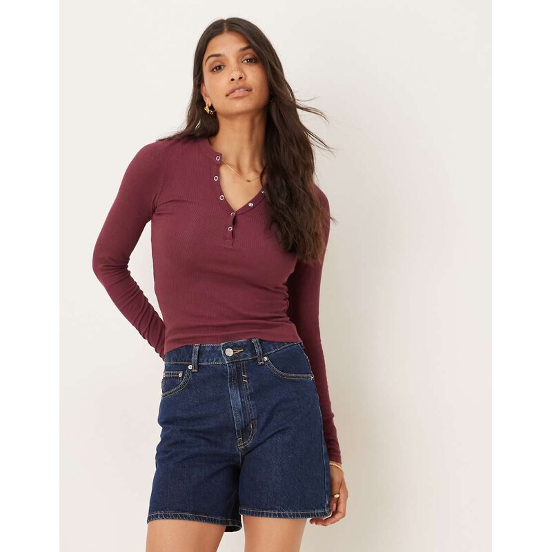 Cotton On Ryan henley long sleeve in burgundy-Auburn 115165008