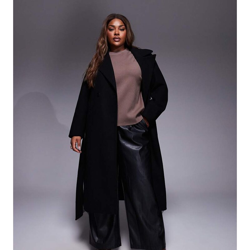 Forever New Curve formal wrap coat in black 109387611