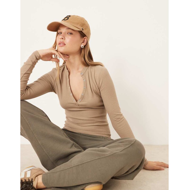 Cotton On Ryan henley long sleeve in beige - BEIGE-Neutral