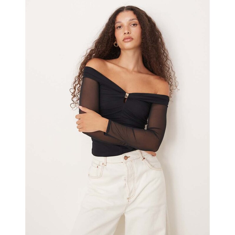 Abercrombie & Fitch off the shoulder mesh long sleeve hardware top in 109388614