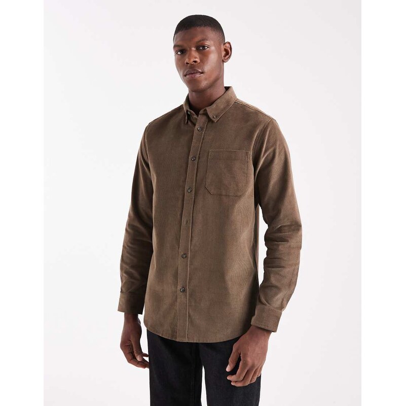 Threadbare fine cord button down shirt in brown-Neutral