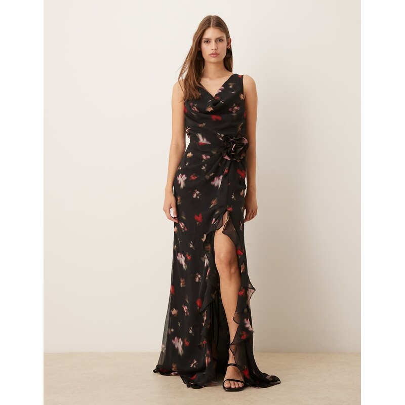 Six Stories floral cowl front corsage maxi dress in black 109388537