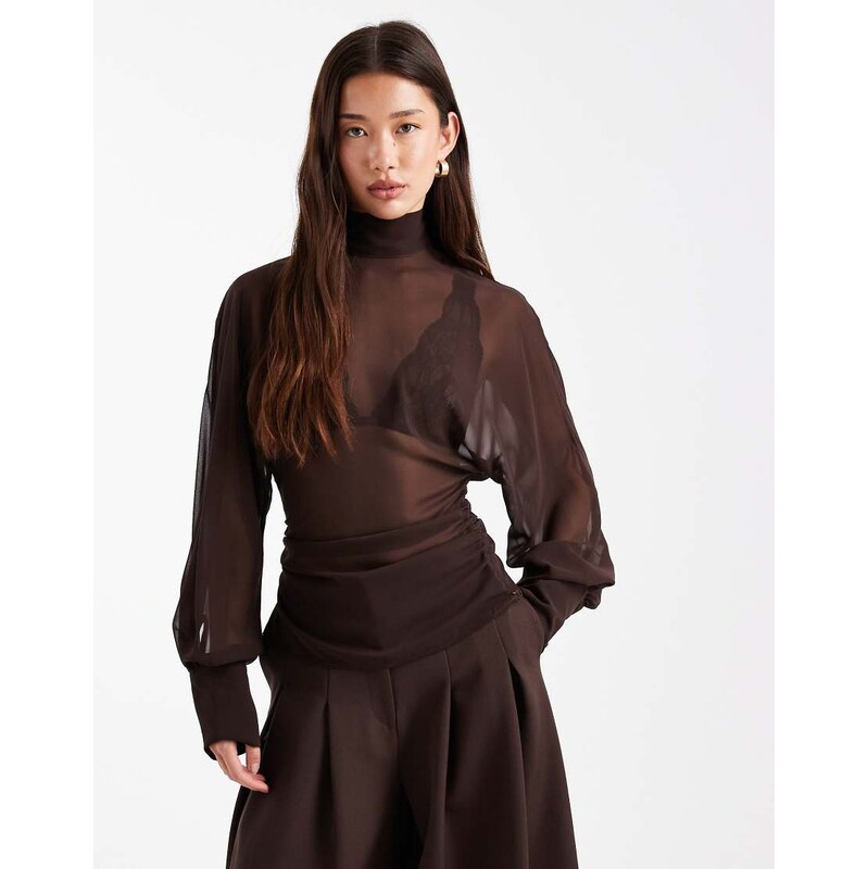 ASOS DESIGN batwing high neck blouse in chocolate-Brown