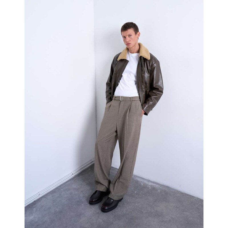 Topman wide leg belted houndstooth trousers in brown