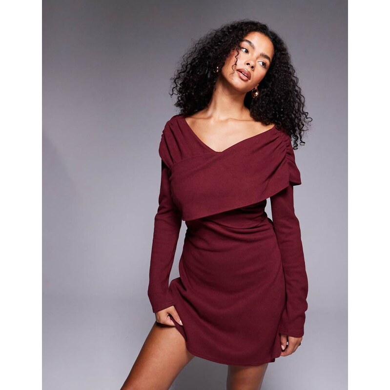 ASOS DESIGN supersoft wrap front mini dress in burgundy-No colour