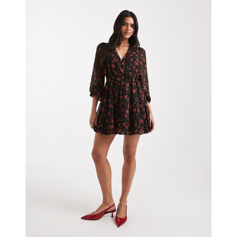 New Look floral chiffon puff ball mini dress in black