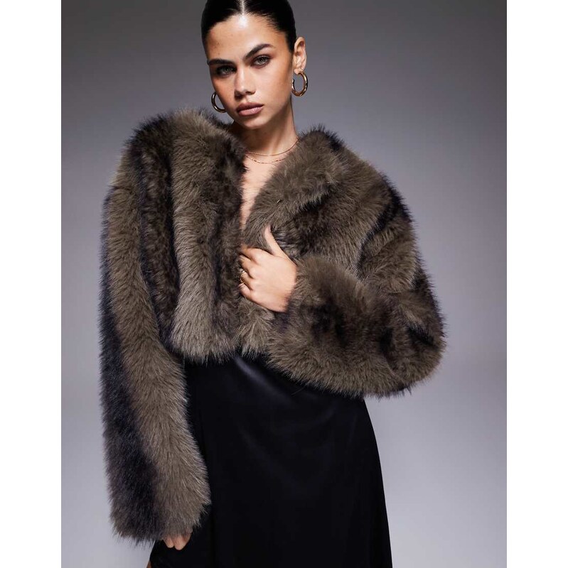 Aria Cove cropped faux fur jacket in brown stripe 109437532