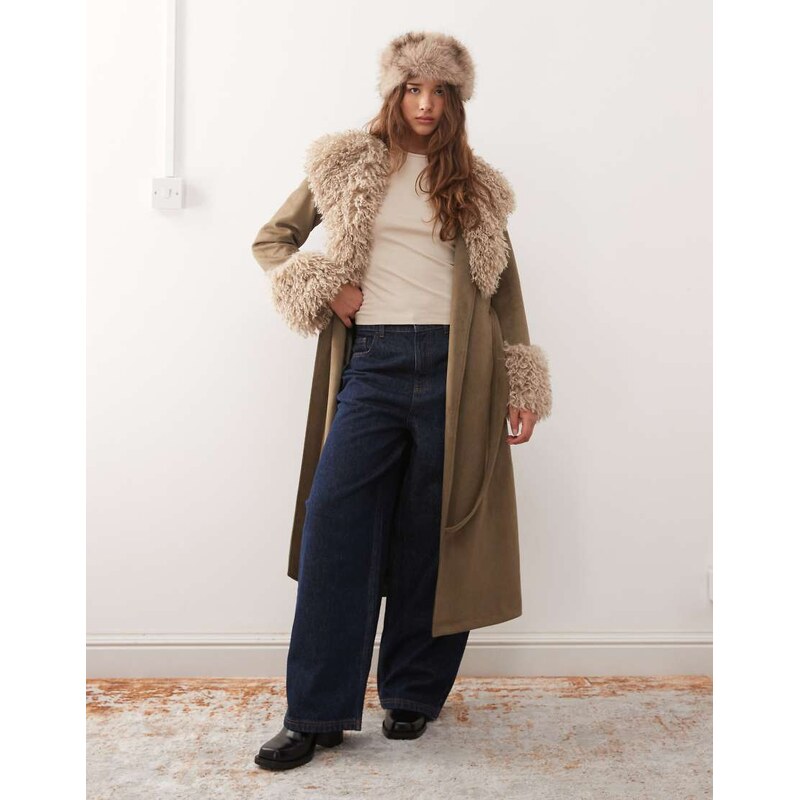 Reclaimed Vintage longline suede look trench coat with faux fur