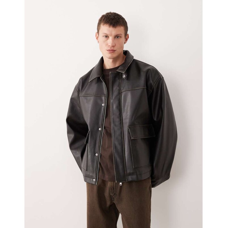 ASOS DESIGN harrington faux vintage leather look jacket in black