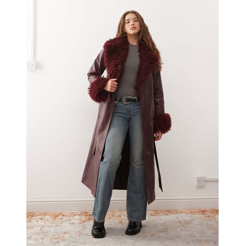 Reclaimed Vintage longline leather look trench coat with faux